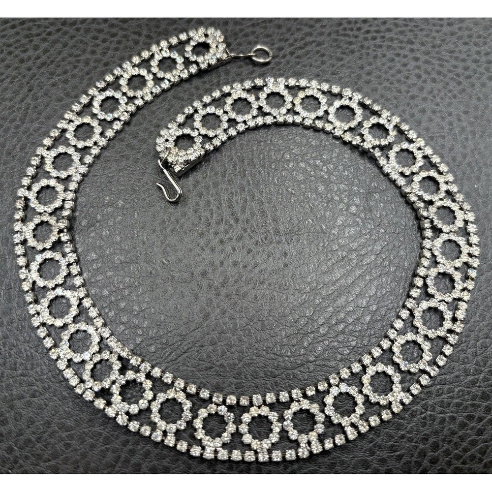 VTG Kramer of NY Rhinestone Circles Choker Necklace Signed Silver Tone 15" READ